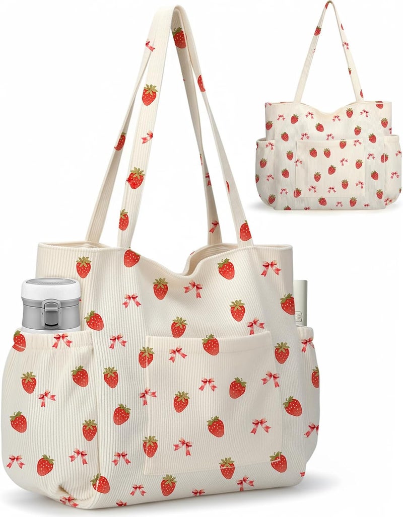 Hatisan Corduroy Tote Bag for Women,Large Capacity Cute Tote Bags With 6 Pockets,Crossbody Shoulder Handbag for Work Travel Gym - Image 1